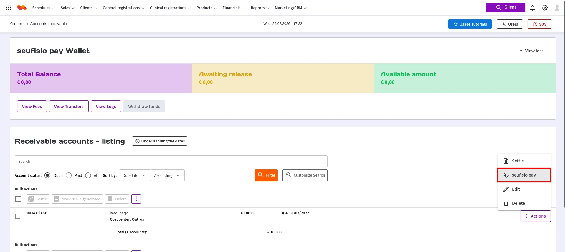 Menu Ações com a opção seufisio pay