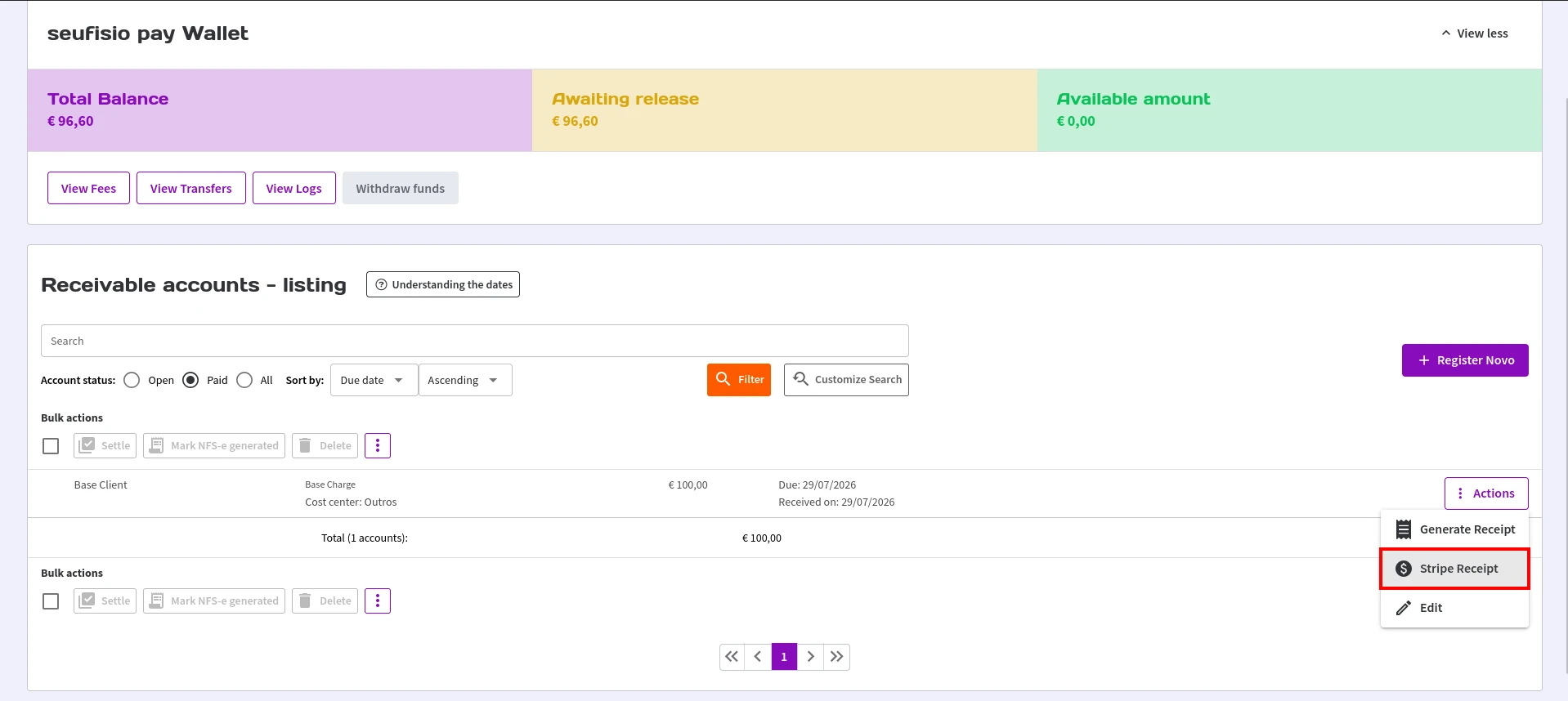 Opção "Recibo Stripe" no menu Ações