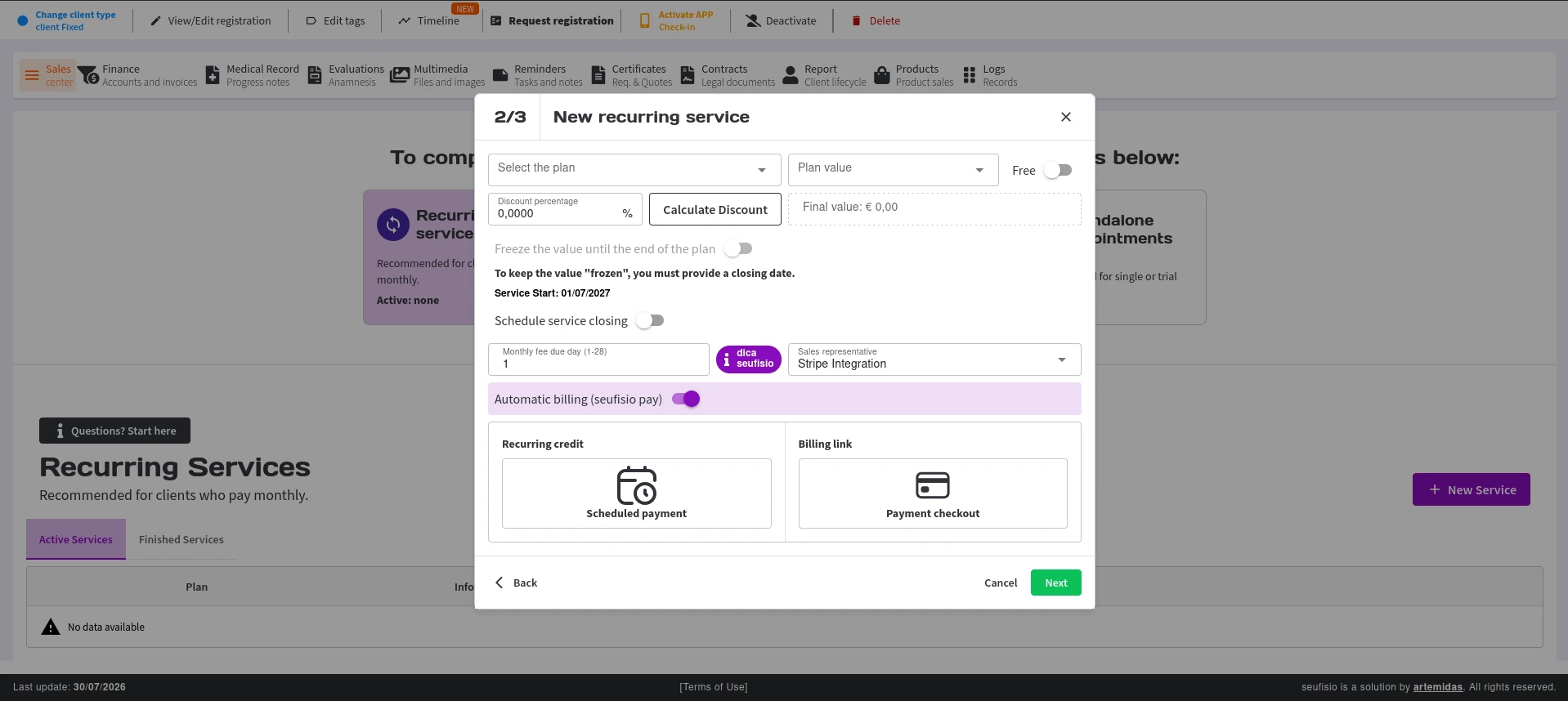 Serviço com cobrança automática pelo seufisio pay