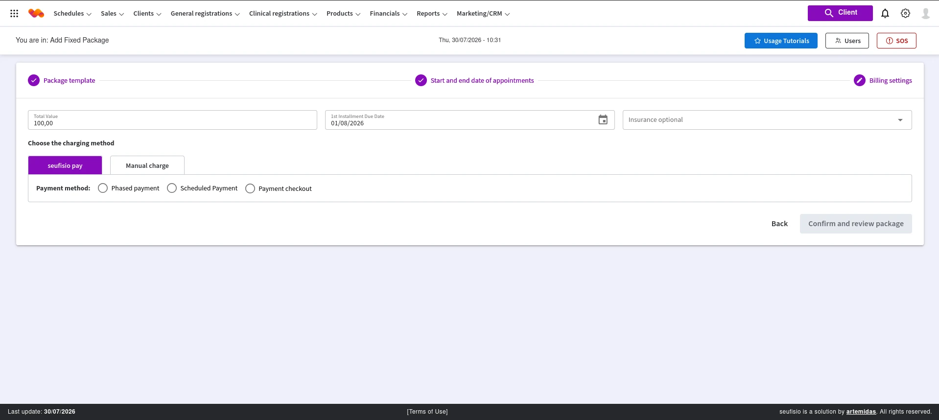 Configuração do cliente fixo com cobrança pelo seufisio pay
