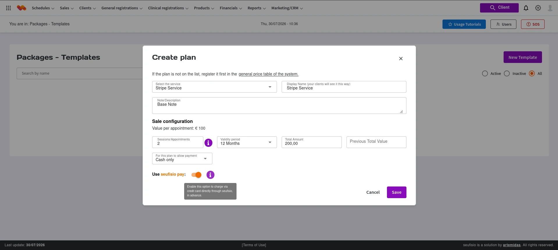 Plano de venda com "Utilizar seufisio pay"