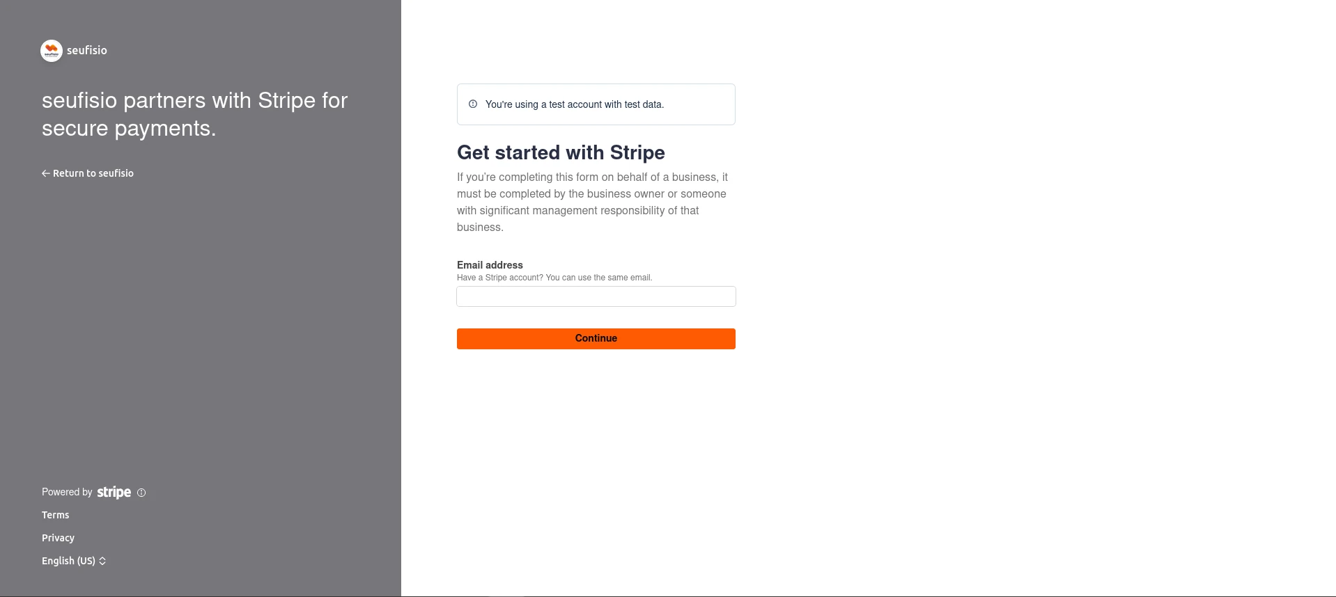 Primeira tela de cadastro no Stripe